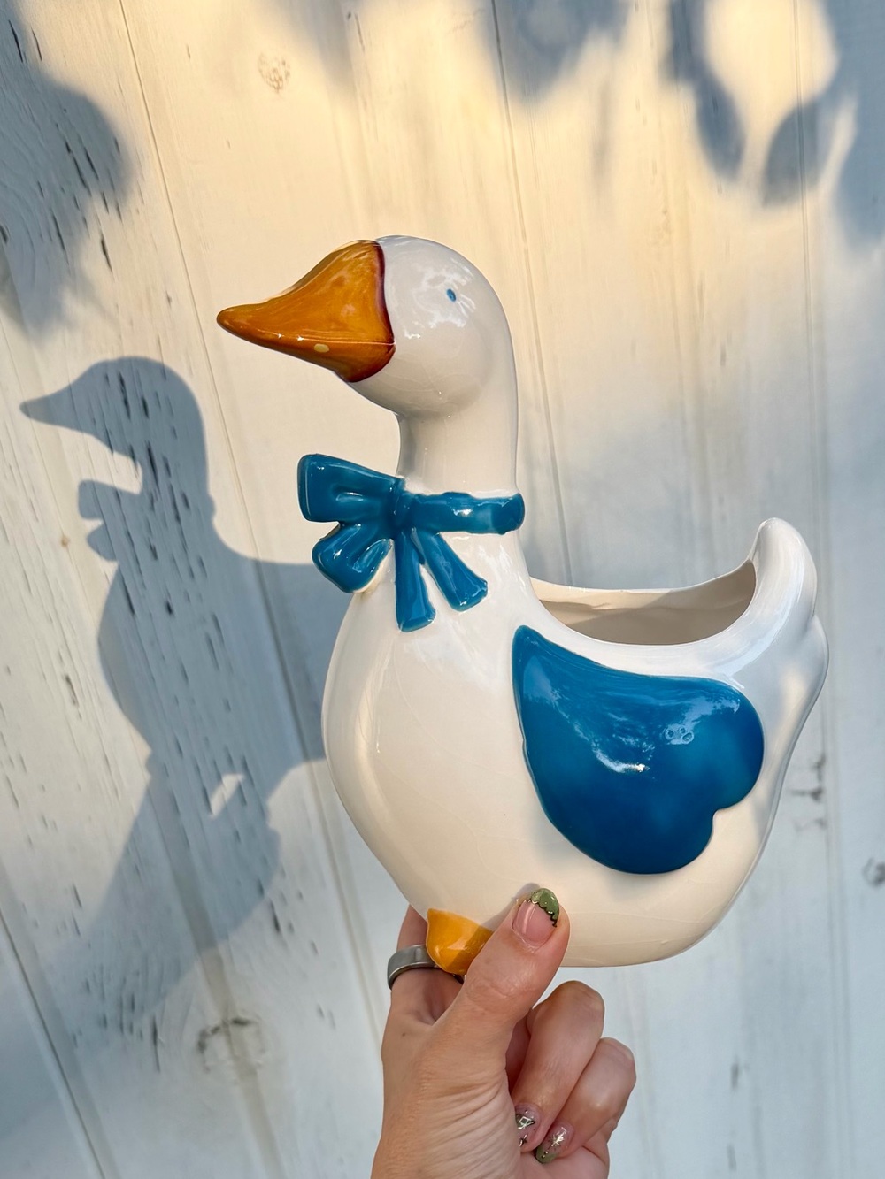 Vintage Ganderville Himark Ceramic Goose Planter Blue Bow Cottagecore Decor
